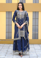 Yash Enterprise Alluring Chinon Silk Navy Blue Embroidery Work Readymade Salwar Suit | Grocsy