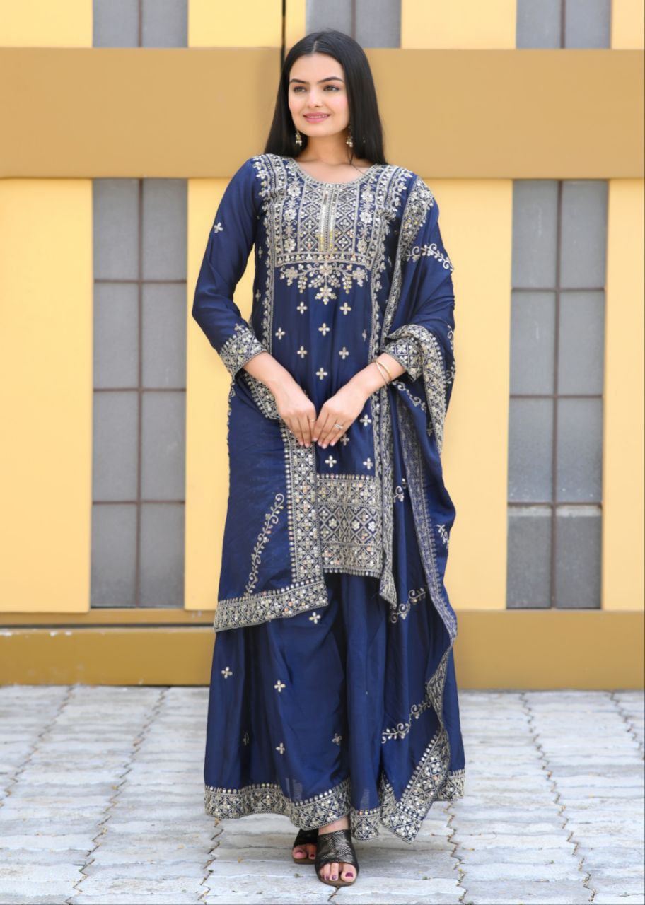 Yash Enterprise Alluring Chinon Silk Navy Blue Embroidery Work Readymade Salwar Suit | Grocsy