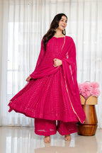 Yash Enterprise Rani Pink Blooming Silk Party Wear Embroidery Sharara Suit Set | Grocsy