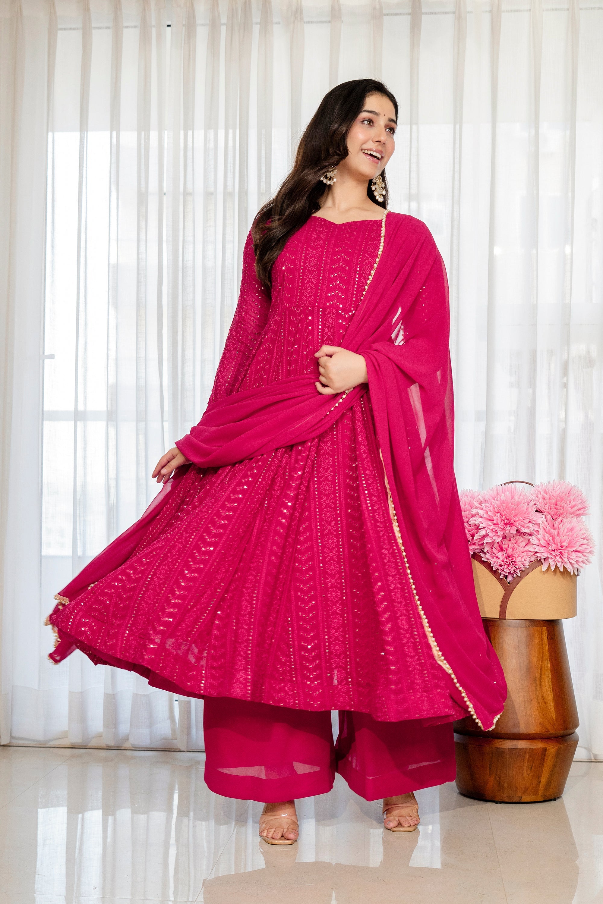 Yash Enterprise Rani Pink Blooming Silk Party Wear Embroidery Sharara Suit Set | Grocsy