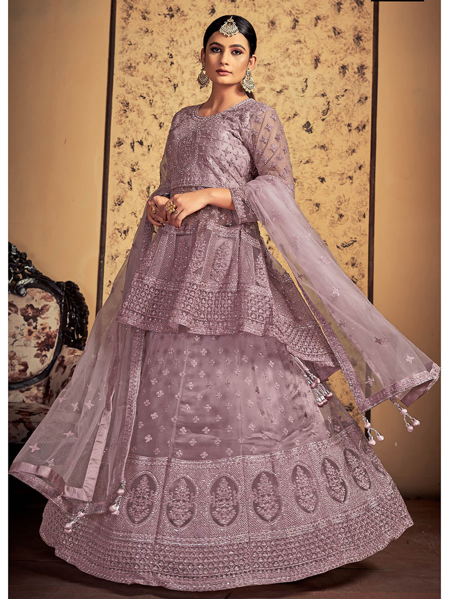 Myra Mauve Soft Net Heavy Embroidered Designer Lehenga | Grocsy