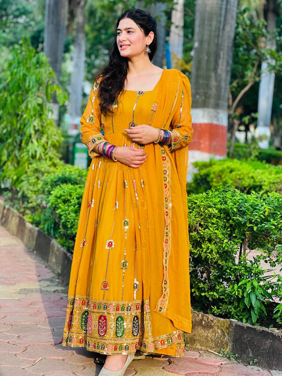 Yash Enterprise Yellow Faux Georgette Embroidery Party Wear Suit Set | Grocsy