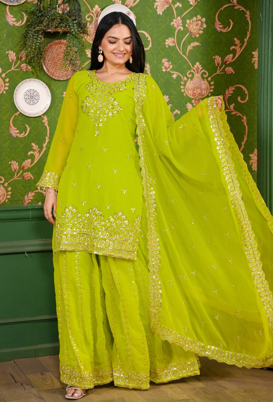 Yash Enterprise Green Georgette Party Wear Embroidery Party Wear Suit Set | Grocsy