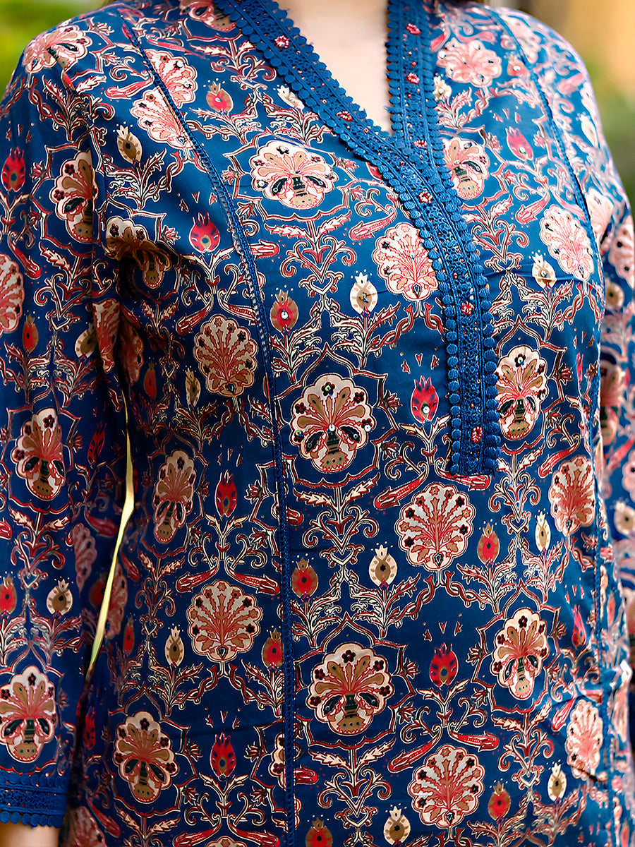 Hand Embroidered & Floral Printed Lace Detailed Kurta With Printed Pant & Dupatta Premium Luxury, Multicolor - Hiral Fashion | Grocsy