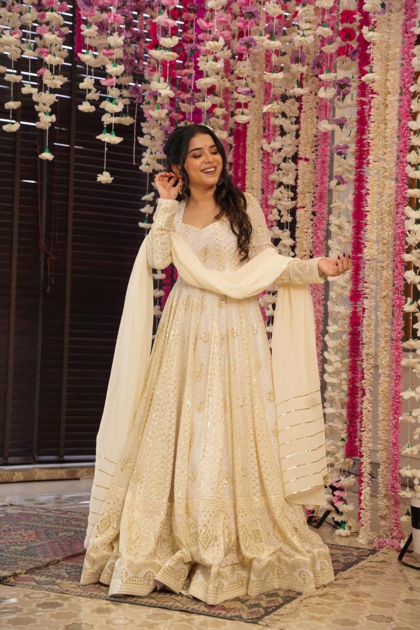 Yash Enterprise Cream Georgette Embroidery Paert Wear Suit Set | Grocsy