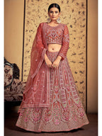 Myra Pink Taupe Soft Net Heavy Embroidered Designer Lehenga | Grocsy