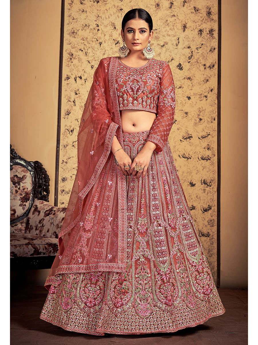 Myra Pink Taupe Soft Net Heavy Embroidered Designer Lehenga | Grocsy