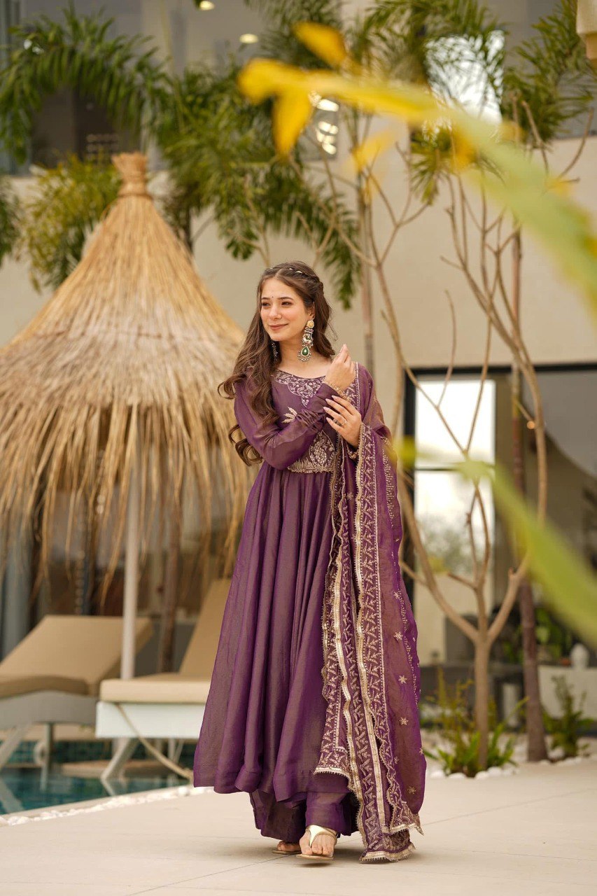 Yash Enterprise Purple Cosmo Silk Party Wear Ebroidery Suit Set | Grocsy