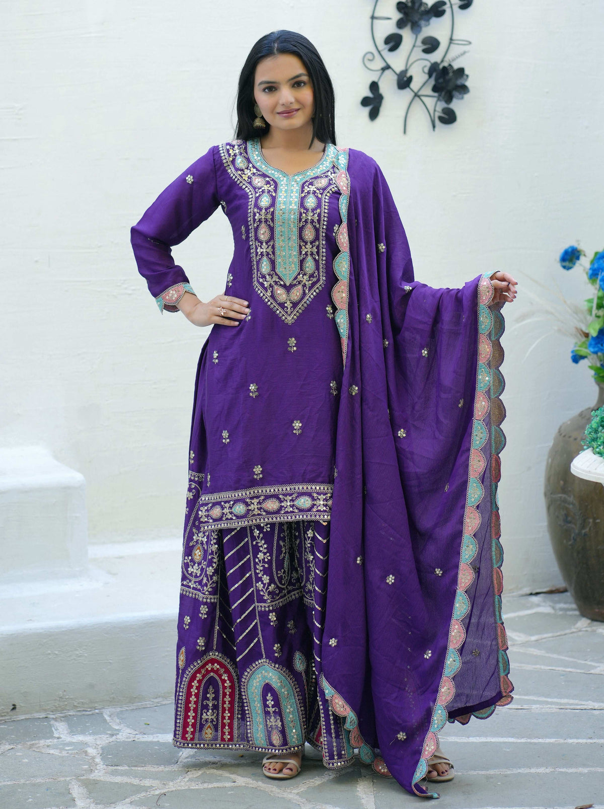 Yash Enterprise Embroidered Chinon With Sequence Blue Readymade Salwar Suit | Grocsy