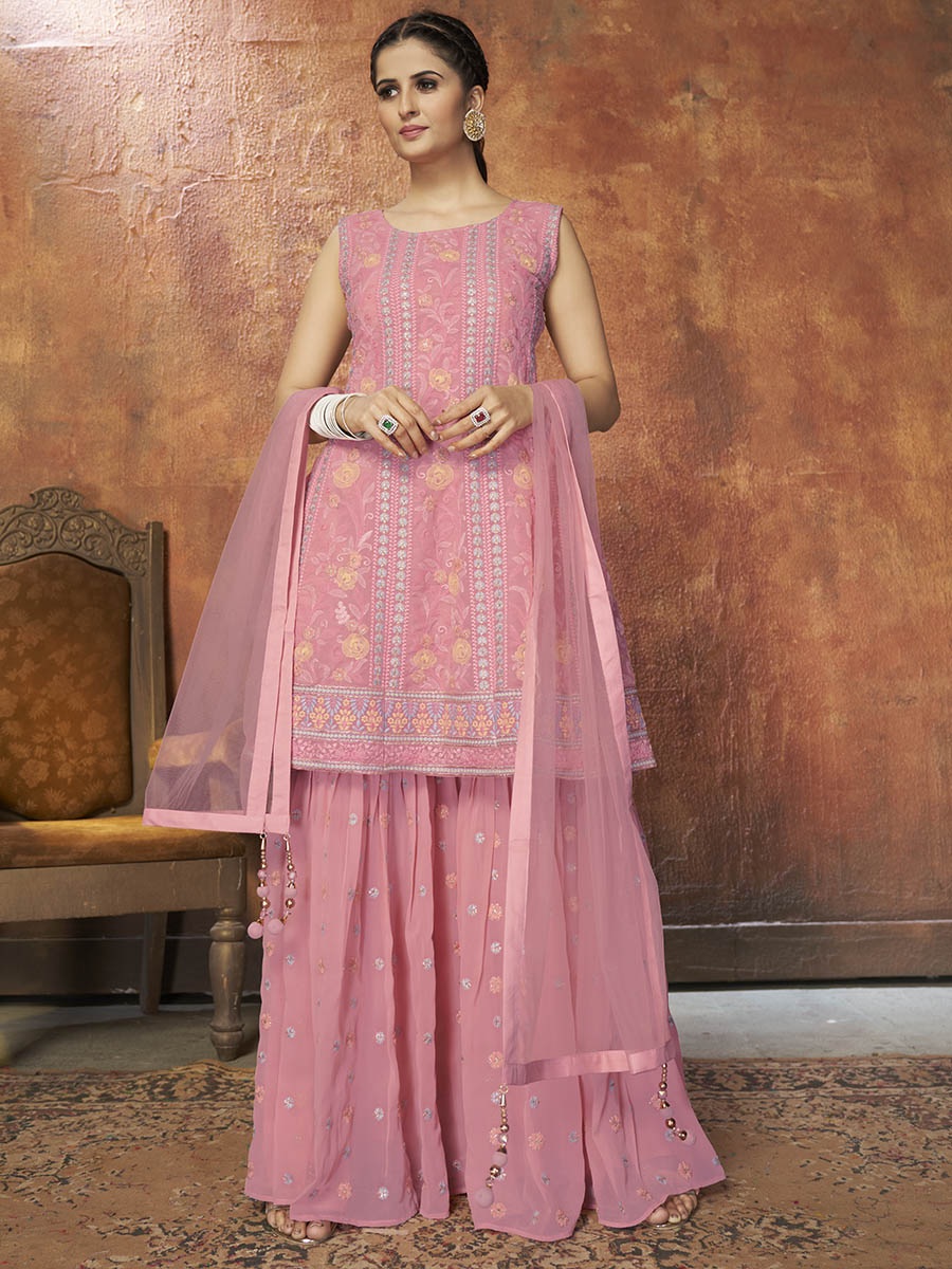 Myra Pink Georgette Embroidered Designer Suit | Grocsy