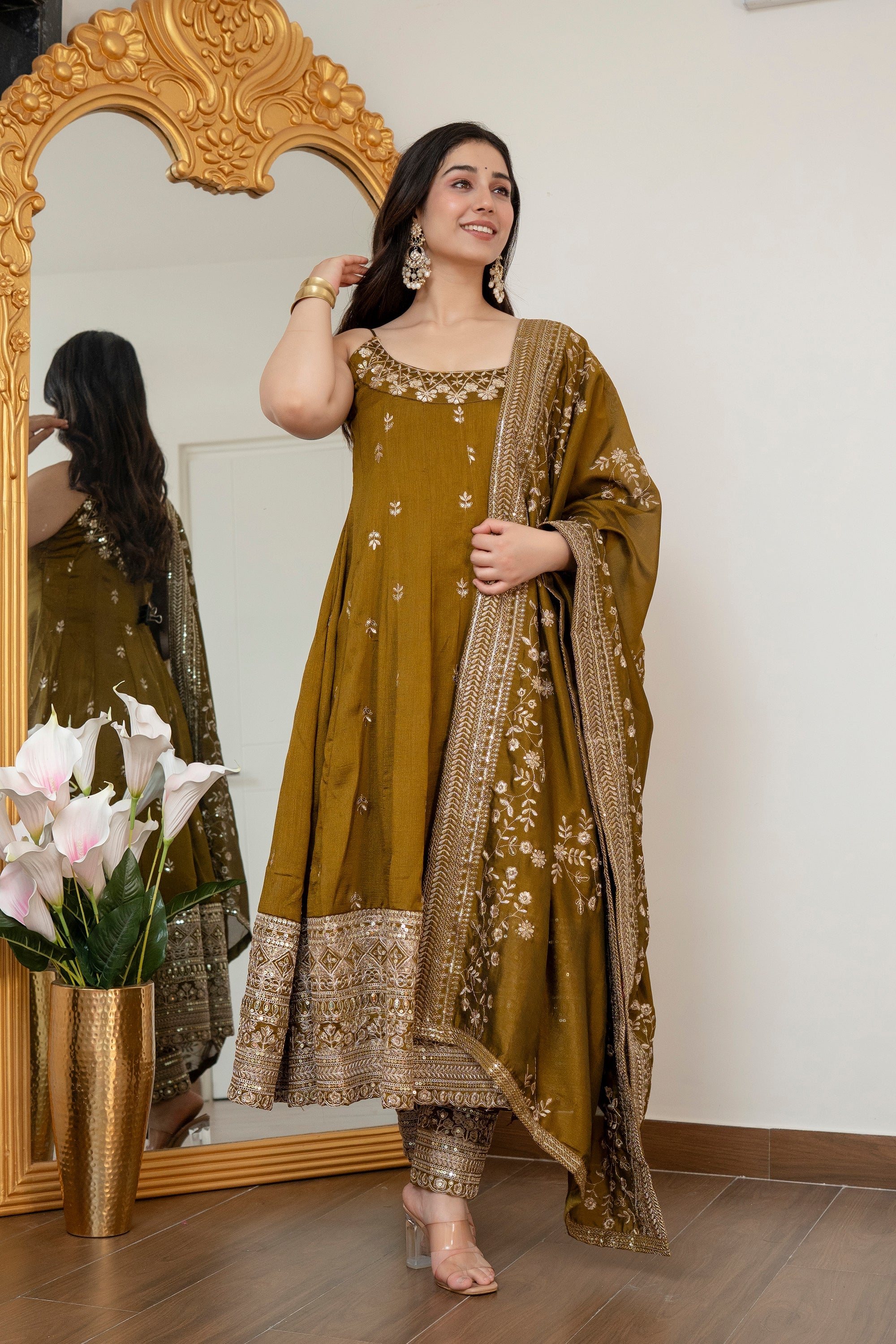 Yash Enterprise Mehndi Vichitra Silk Party Wear Embroidery Suit Set | Grocsy