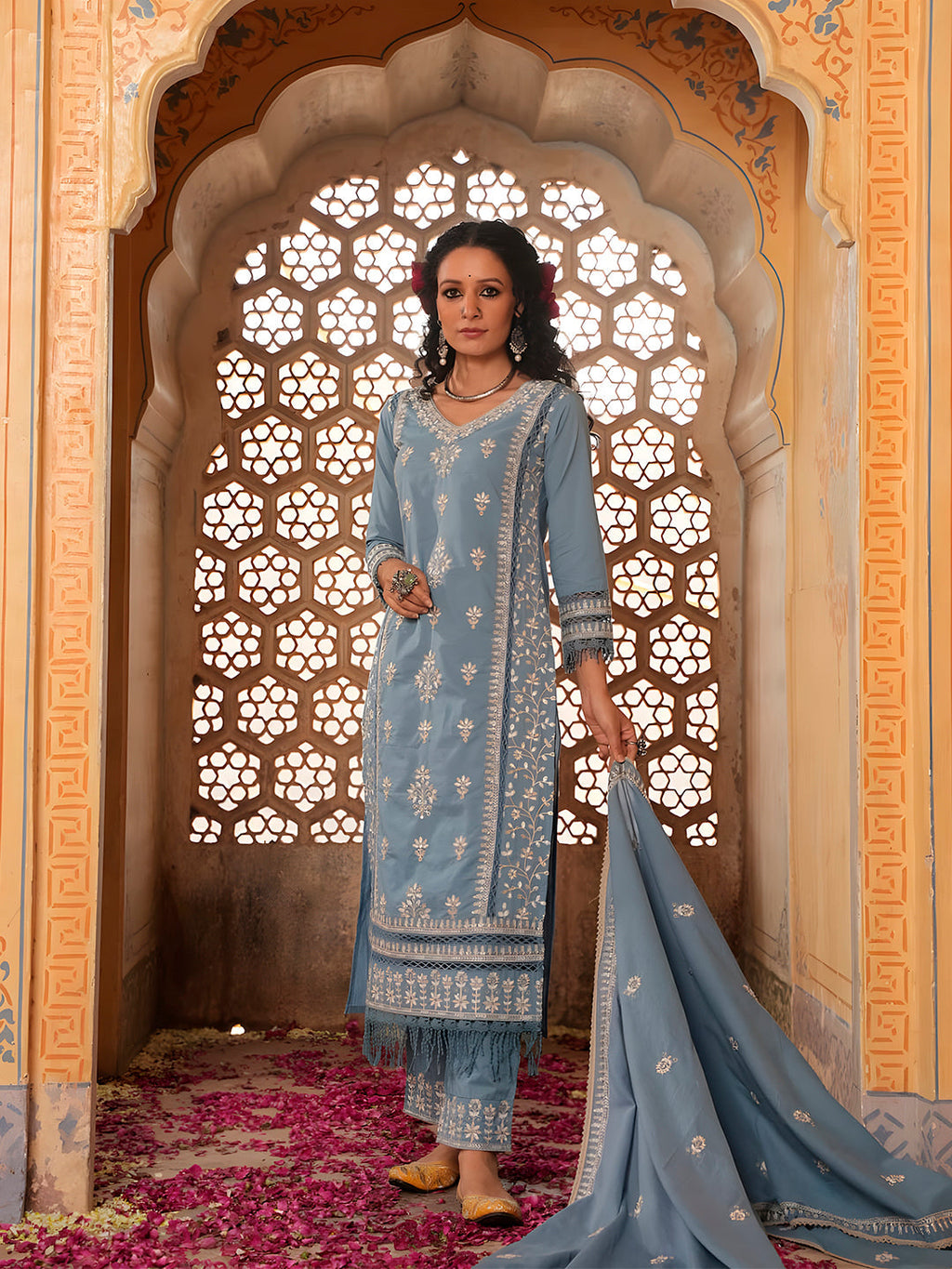 Embroidered & Lace Detailed Kurta With Pant & Embroidered Dupatta Luxury, Multicolor - Hiral Fashion | Grocsy