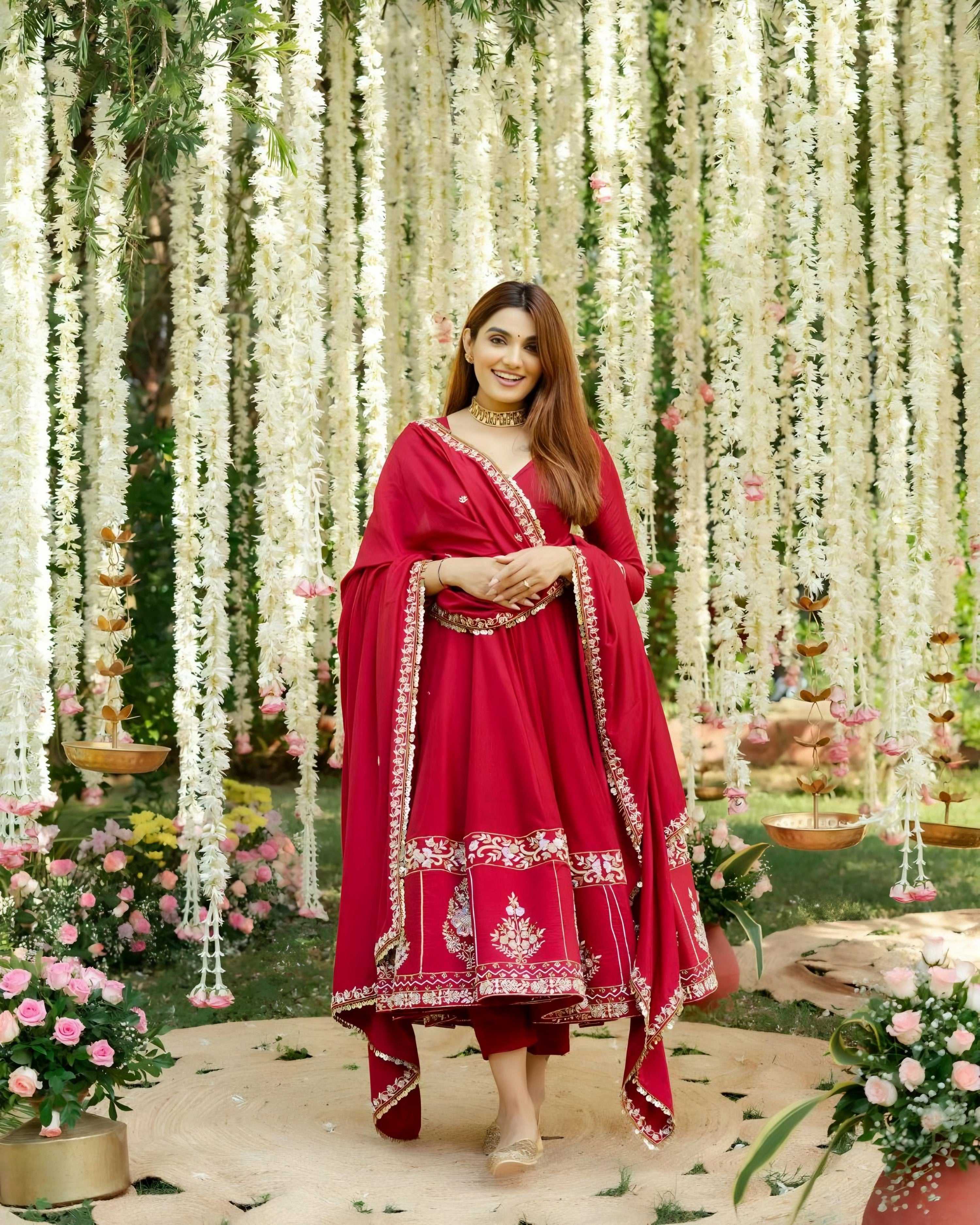 Yash Enterprise Red Roman Silk Embroidery Suit Set | Grocsy