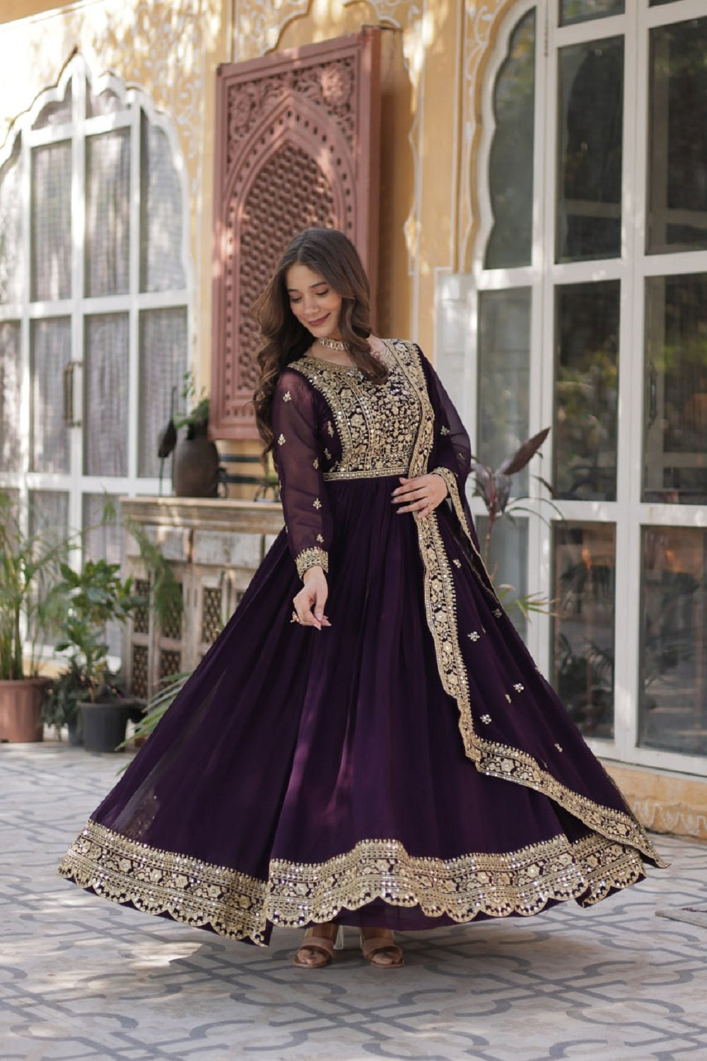 Yash Enterprise Wine Georgette Party Wear Embroidery Suit Set | Grocsy