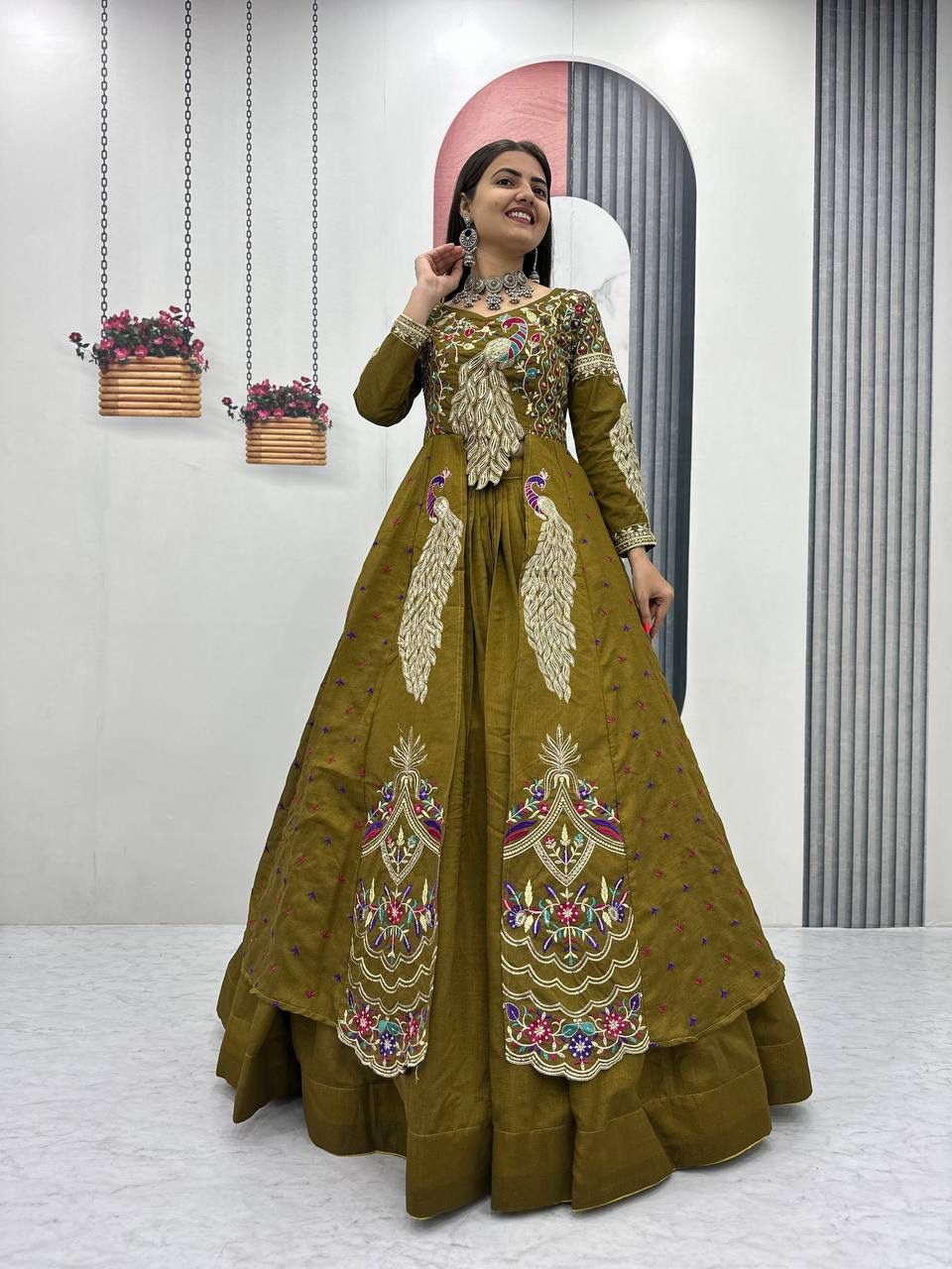 Yash Enterprise Mahendi Green Vichitra Silk Party Wear Embroidery Crop Top With Blouse Lehenga Choli | Grocsy
