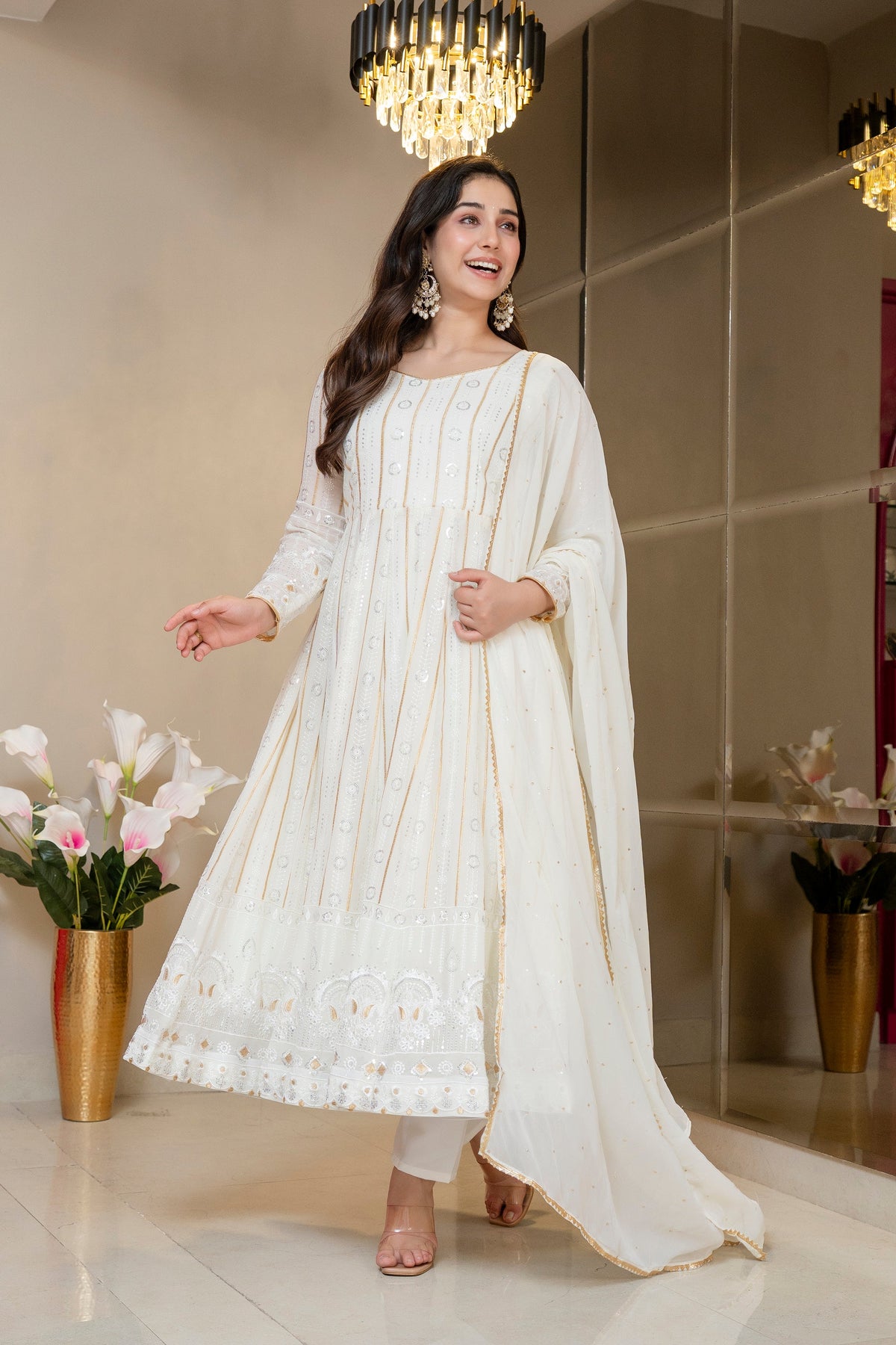 Yash Enterprise Off White Faux Blooming Party Wear Embroidery Suit Set | Grocsy
