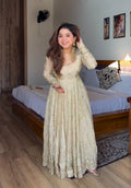 Yash Enterprise Cream Vichitra Silk Party Wear Embroidery Suit Set | Grocsy
