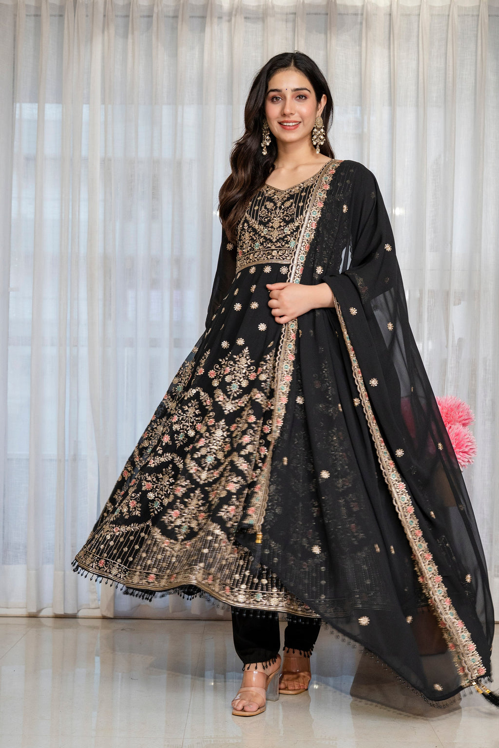 Yash Enterprise Black Georgette Party Wear Anarkali Suit Set | Grocsy