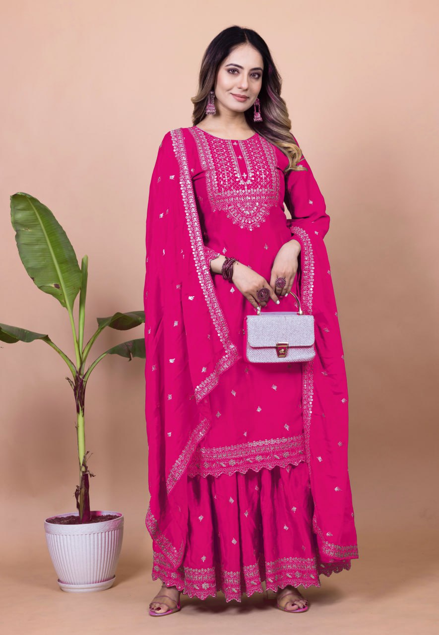 Yash Enterprise Pink Chinon Silk Embroidery Party Wear Suit Set | Grocsy