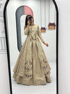 Yash Enterprise Cream Vichitra Silk Party Wear Embroidery Crop Top With Blouse Lehenga Choli | Grocsy