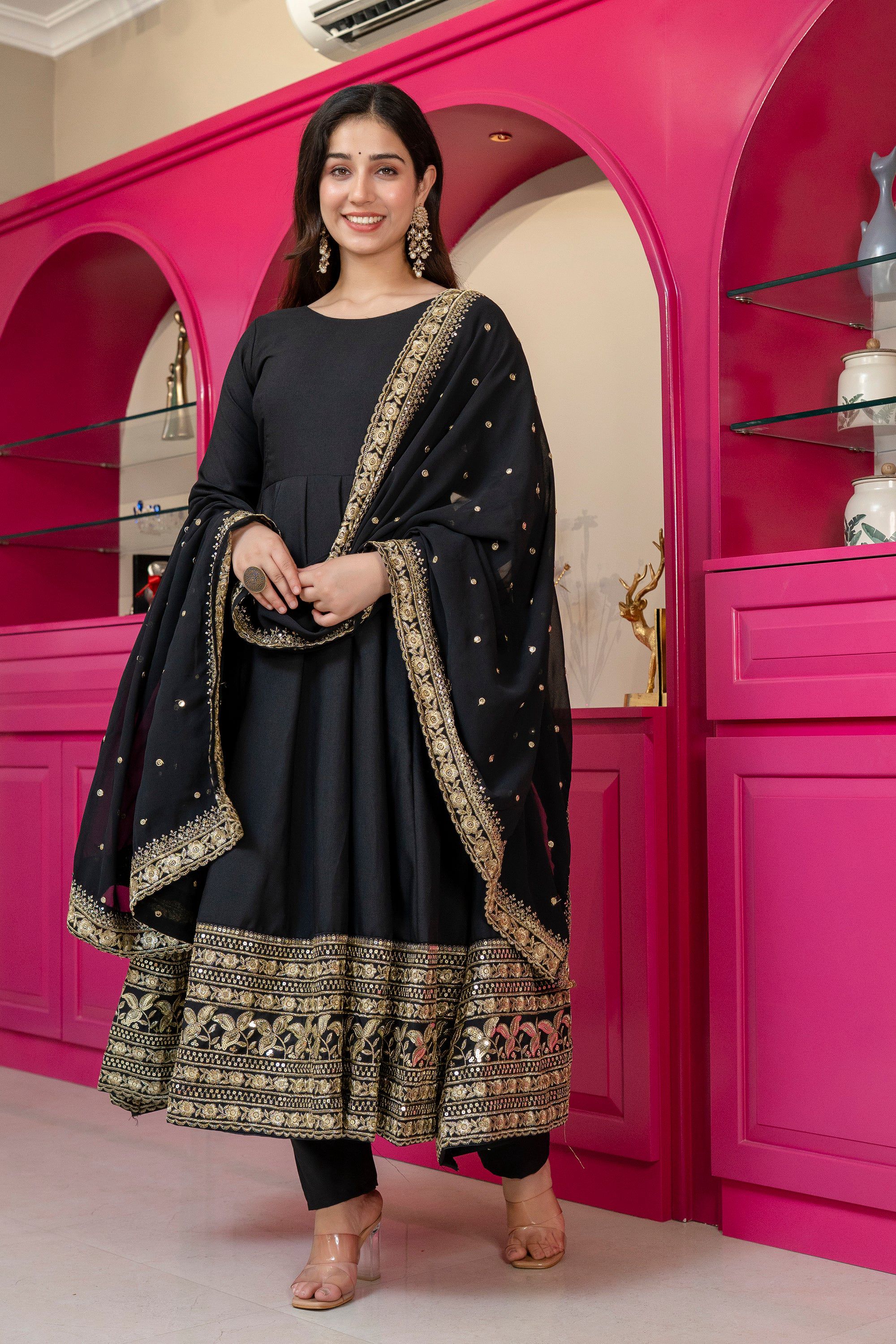 Yash Enterprise Black Rayon Party Wear Embroidery Suit Set | Grocsy