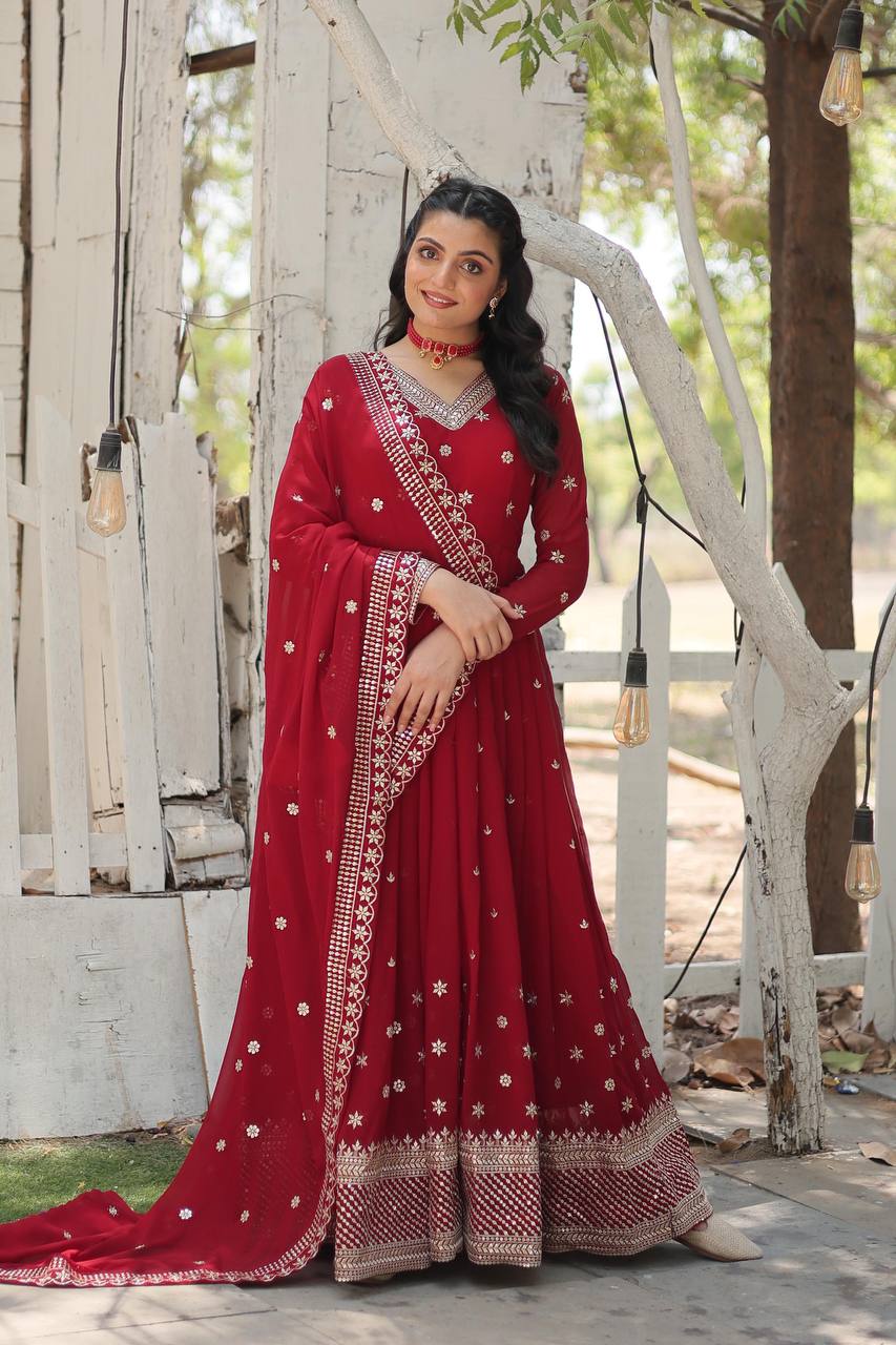 Yash Enterprise Maroon Faux Blooming With Sequins Embroidered Multi-Sequins Work Suit Set | Grocsy