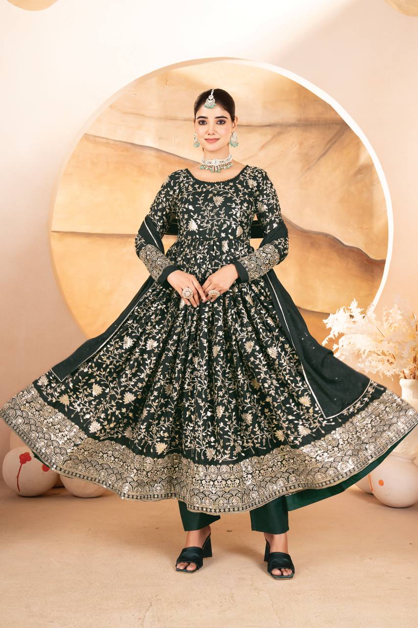Yash Enterprise Dark Green Star Georgette Embroidered Suit Set | Grocsy