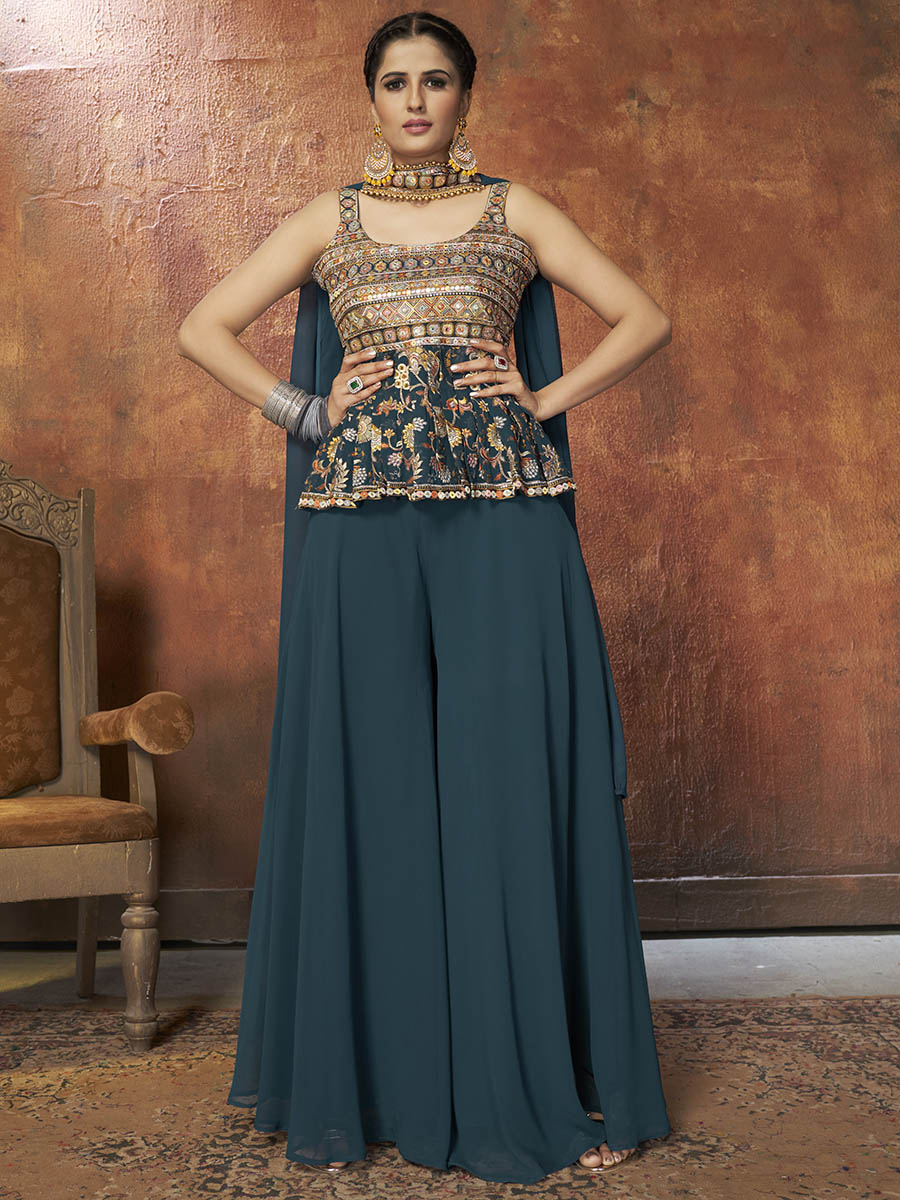Myra Aequa Blue Georgette Embroidered Designer Suit | Grocsy