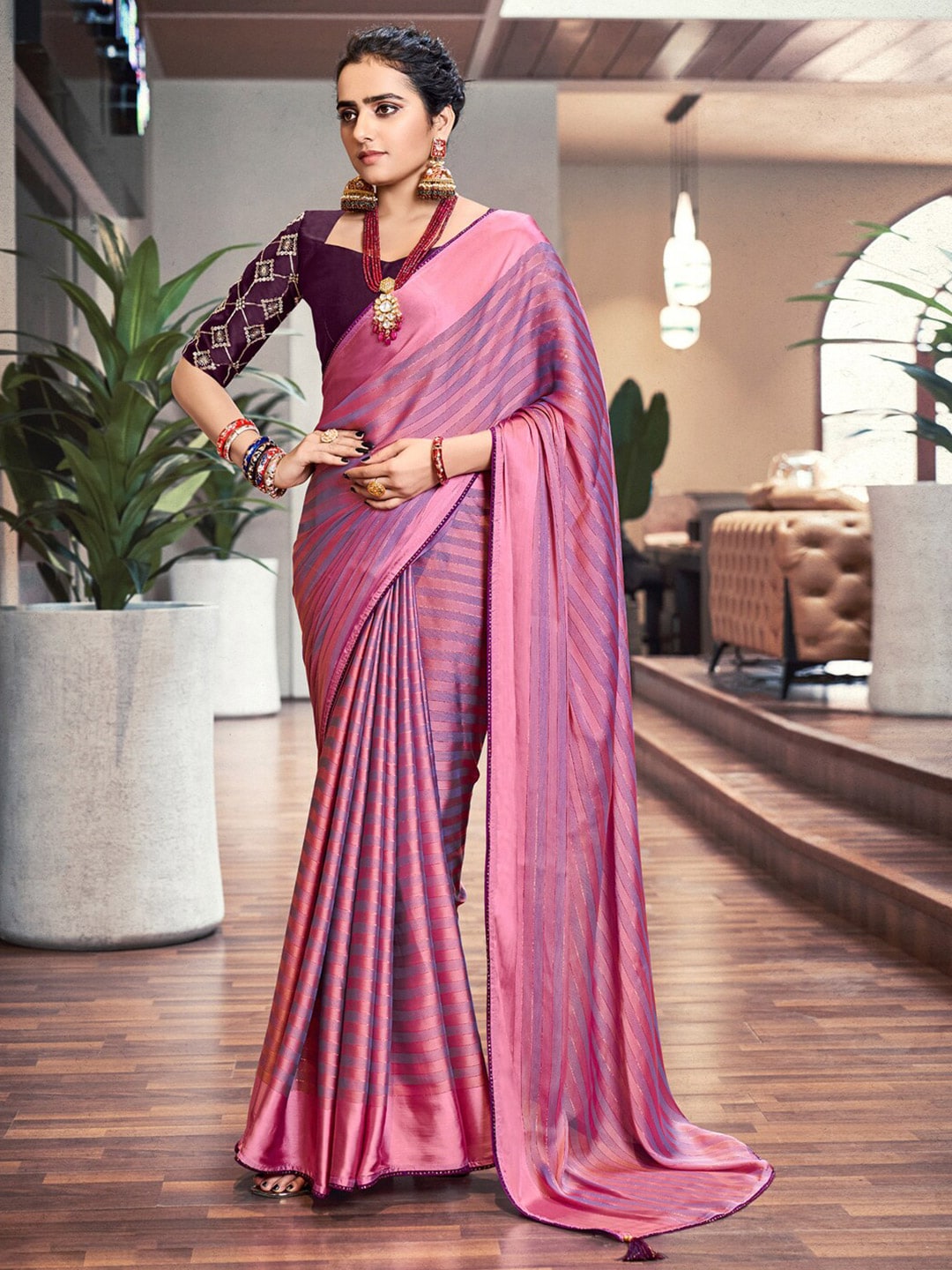 Saree Mall Magenta & Purple Striped Zari Saree | Grocsy