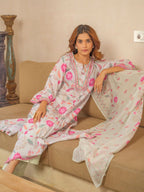 Sangria Floral Printed Pleated A-Line Kurta With Palazzos & Dupatta | Grocsy