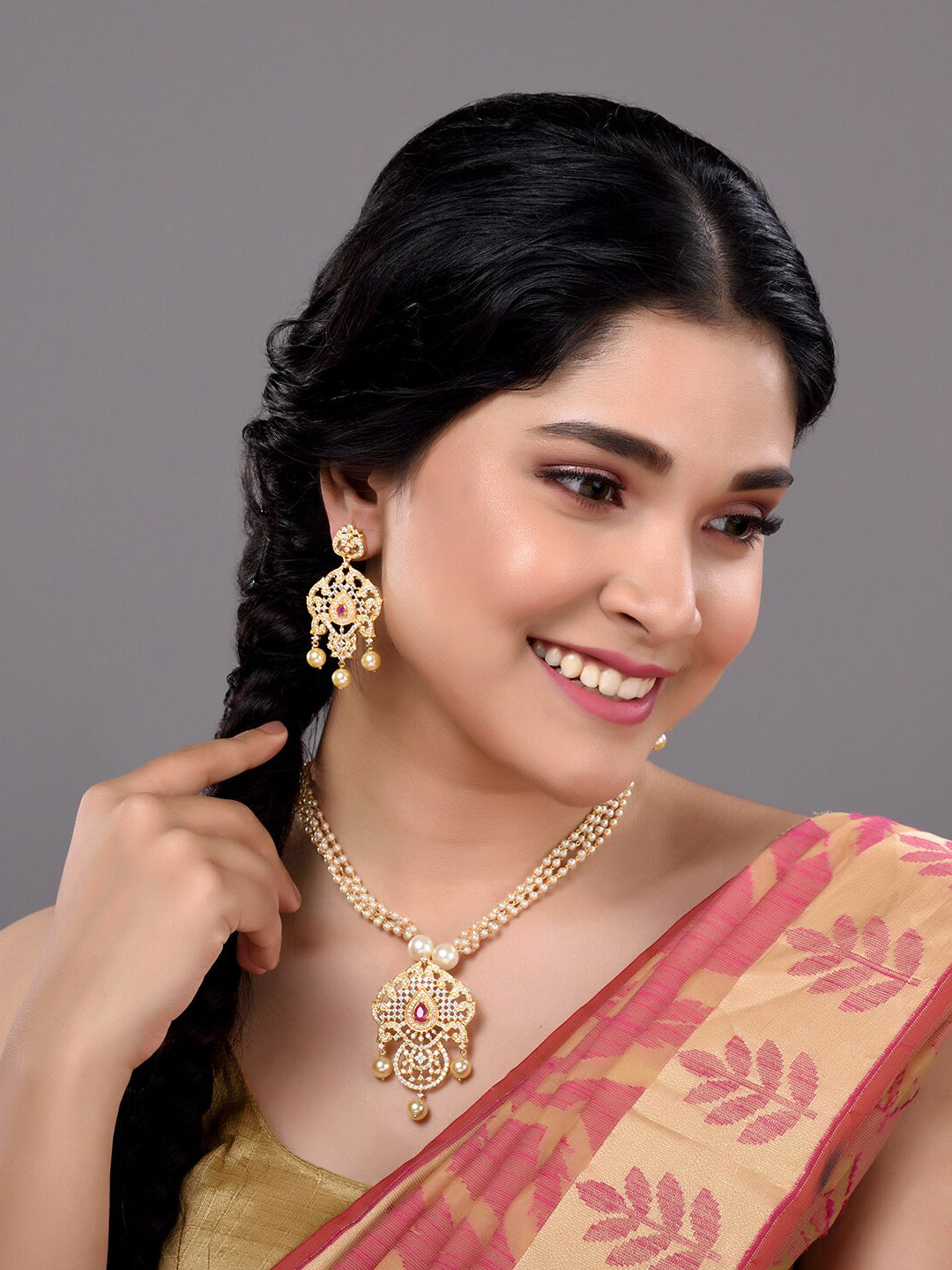 Saraf RS Jewellery Gold-Polished White & Magenta American Diamond Studded Jewellery Set | Grocsy
