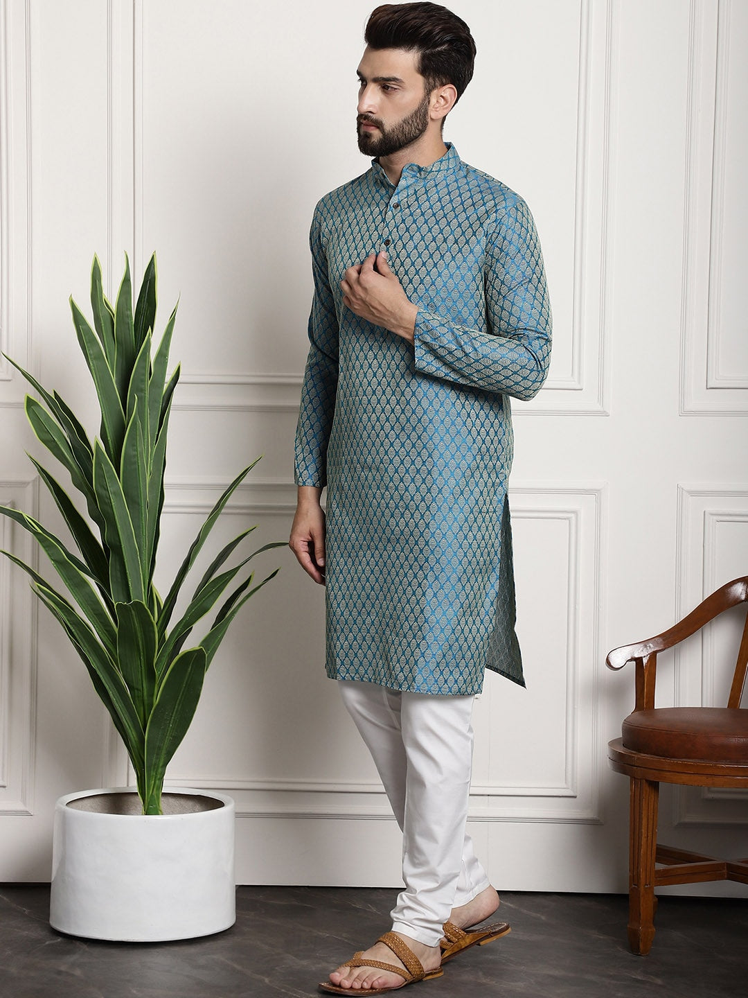 Sojanya Men Blue & Off-White Woven Design Kurta with Churidar | Grocsy