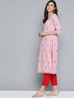 HERE&NOW Women Pink & Purple Floral Print Pure Cotton Straight Kurta | Grocsy