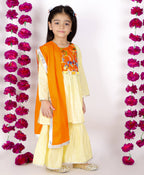 Little Bansi Girls Yellow & Orange Color Mirror work Kurta frock with Sharara & Dupatta | Grocsy