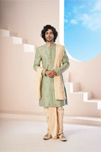 Majestic Mint Green Dupion Silk Sherwani With Satin Dhoti & Santone Dupatta by Hilo Design | Grocsy