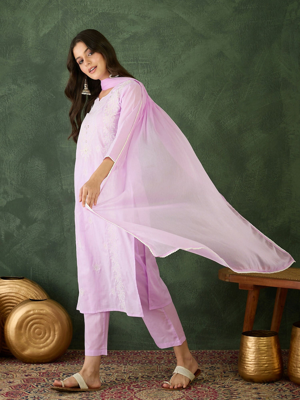 The52 Purple Women's Gorgeous Cotton Blend Fabric Thread Work Straight Kurta, Pant and Dupatta Set | Grocsy