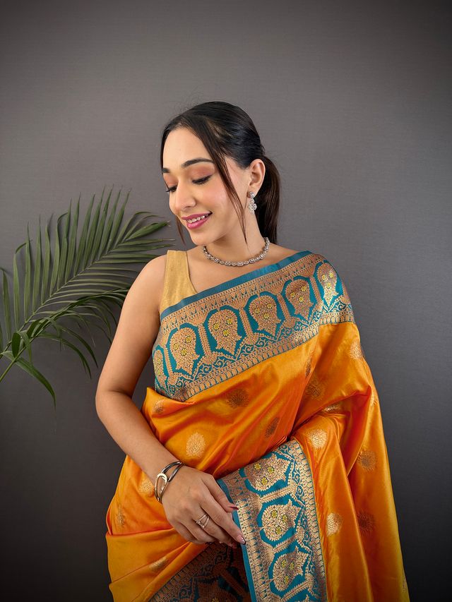 Elora Orange Soft Silk Butti Zari Weaving Constrast Pallu Banarasi Saree | Grocsy