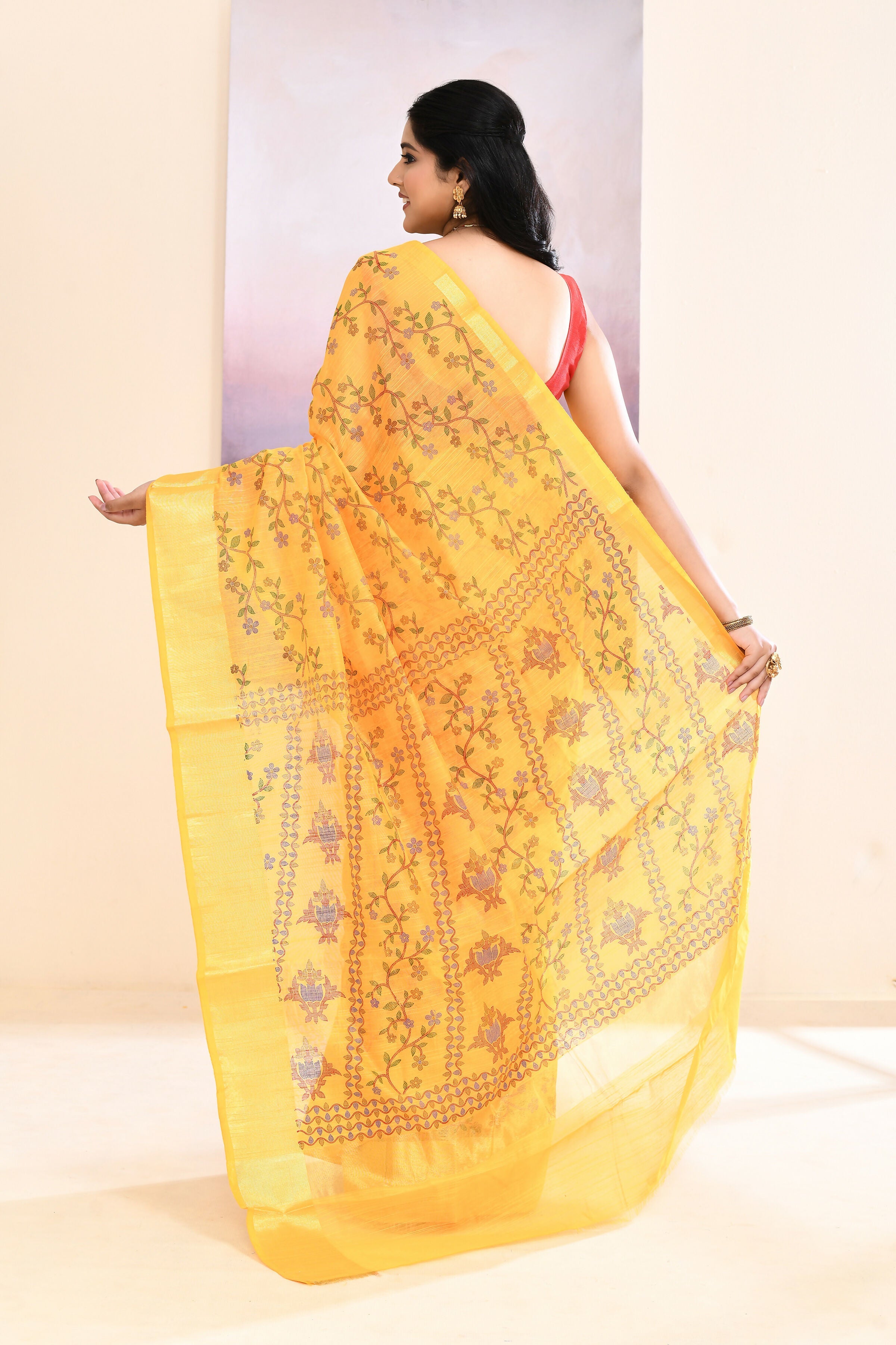 Piyari Fashion Women's Yellow Embellished Cotton Blend Printed Saree | Grocsy