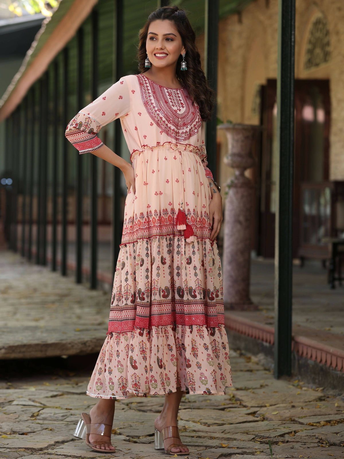 Juniper Women's Peach Georgette Floral Embroderied Maxi Dress | Grocsy