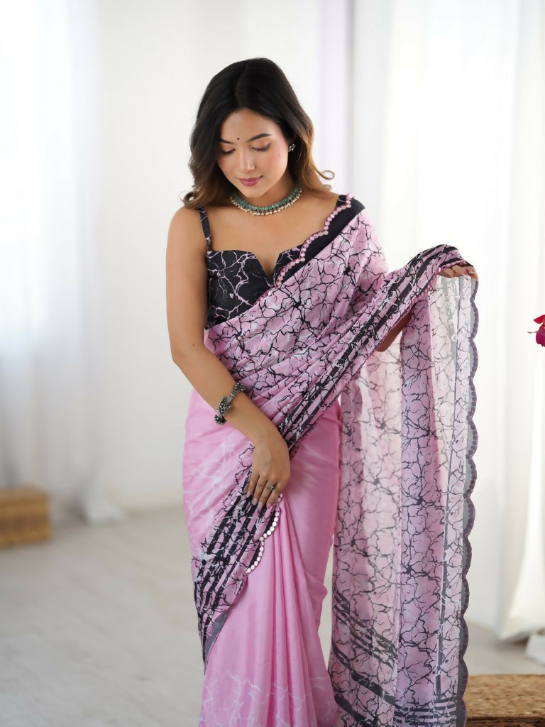 Pink Chinon Designer Digital Printed,Mirror Cut Work Saree - Sohni | Grocsy
