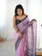 Pink Chinon Designer Digital Printed,Mirror Cut Work Saree - Sohni | Grocsy