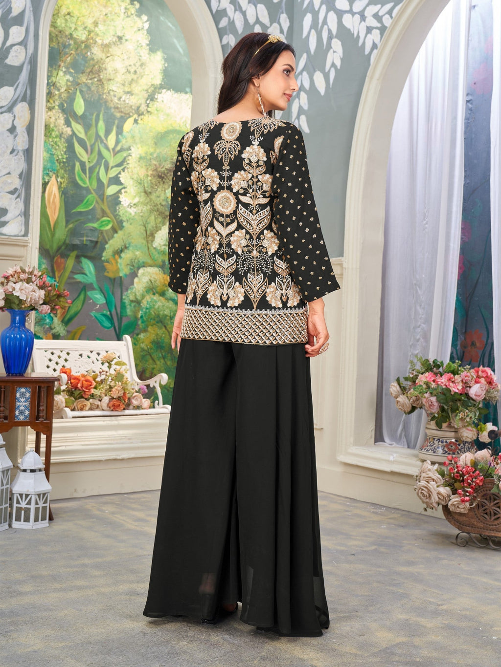 Anaita Black Heavy Embroidered Faux Georgette Stitched Plazzo Suit | Grocsy