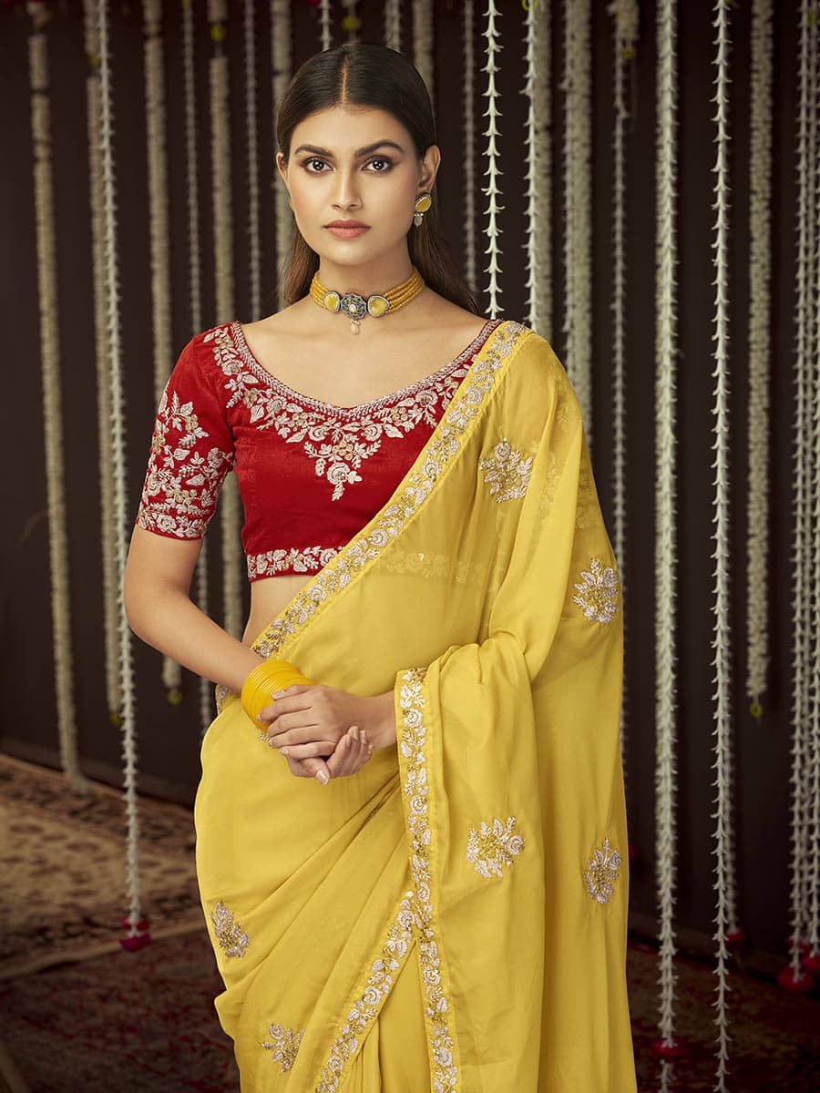 Myra Mustard Art Silk Heavy Embroidered Designer Saree | Grocsy