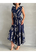 Pimu V-Neck Maxi Dress with Blue Graphic Print | Grocsy