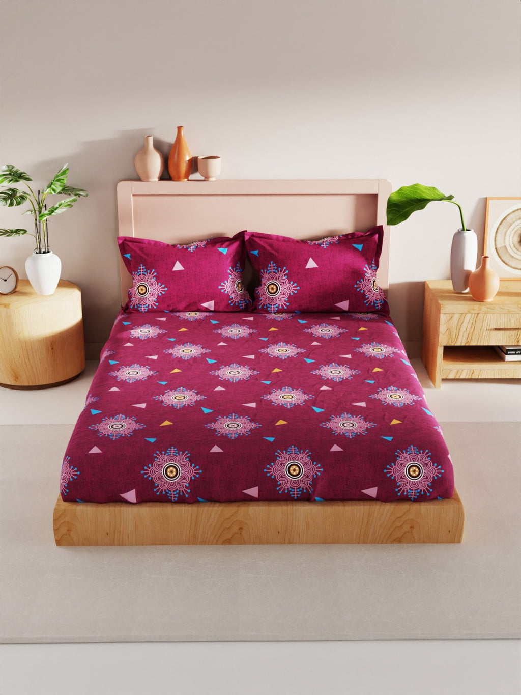 BIANCA Geo Tokyo Ethnic Motifs 200 TC King Bedsheet with 2 Pillow Covers | Grocsy