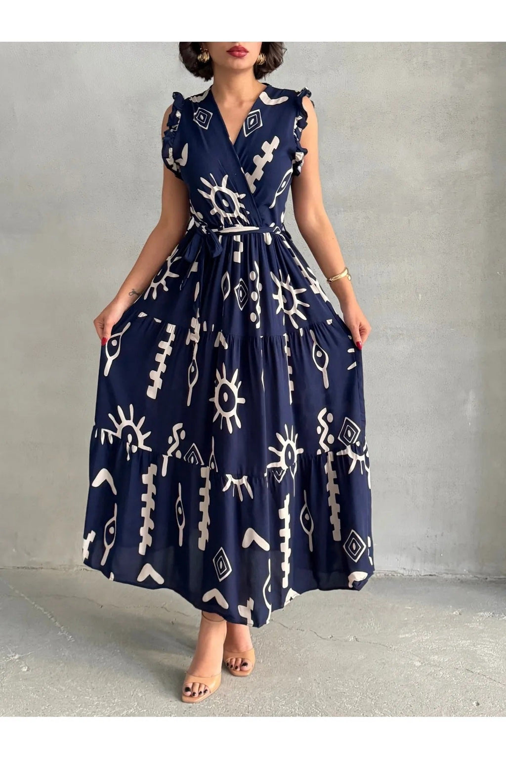 Pimu V-Neck Maxi Dress with Blue Graphic Print | Grocsy
