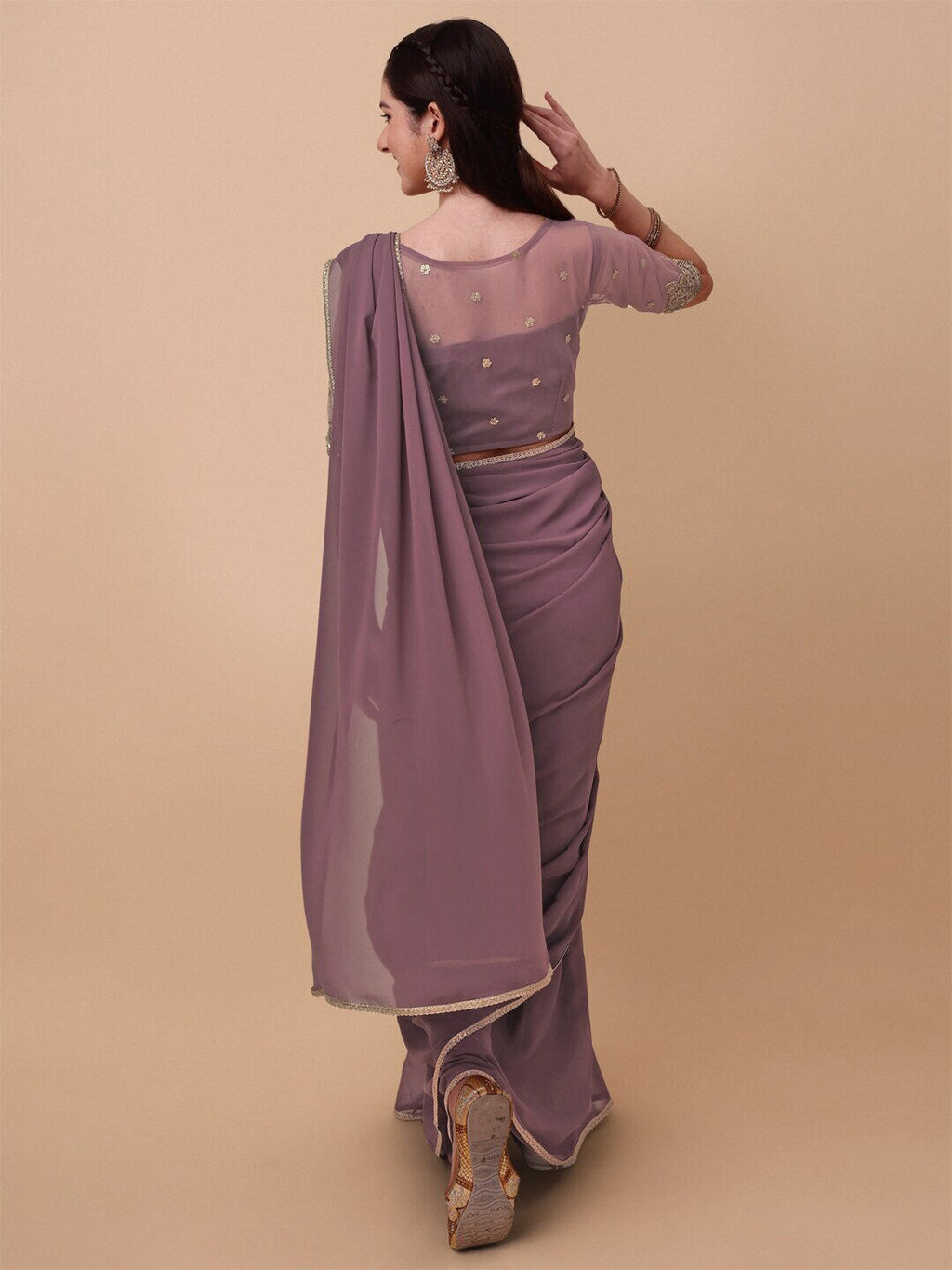 Sangria Mauve Embroidered Poly Georgette Saree | Grocsy