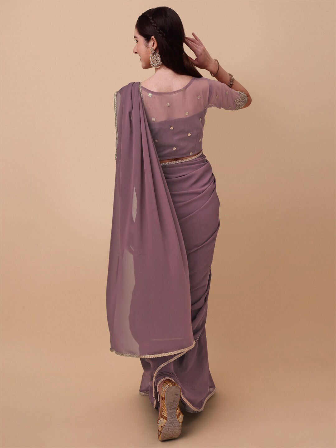 Sangria Mauve Embroidered Poly Georgette Saree | Grocsy