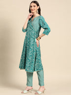 Sangria Women Turquoise Blue Paisley Printed Angrakha Gotta Patti Kurta with Trousers | Grocsy