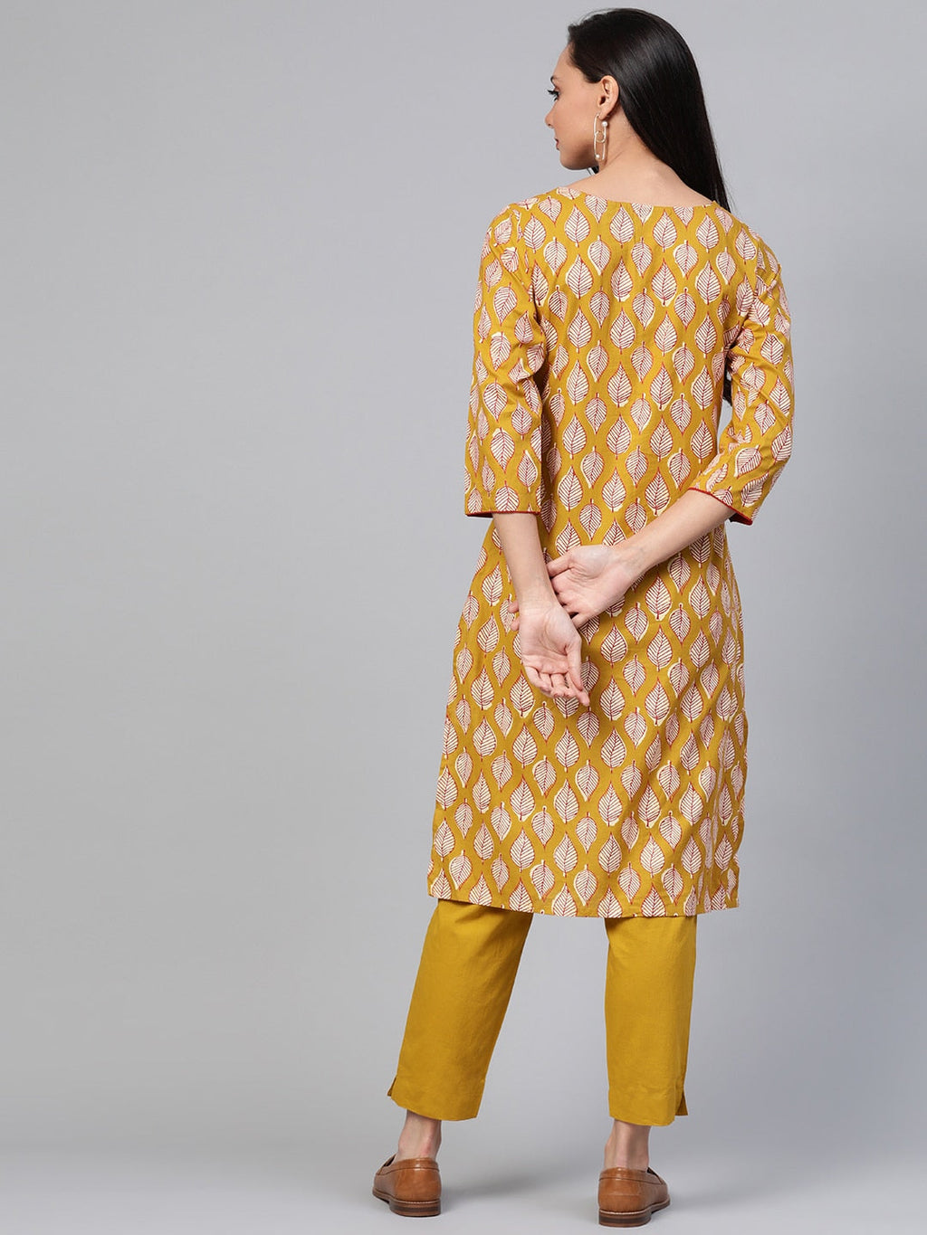 Sangria Women Mustard Yellow & Off-White Printed Kurta with Trousers | Grocsy